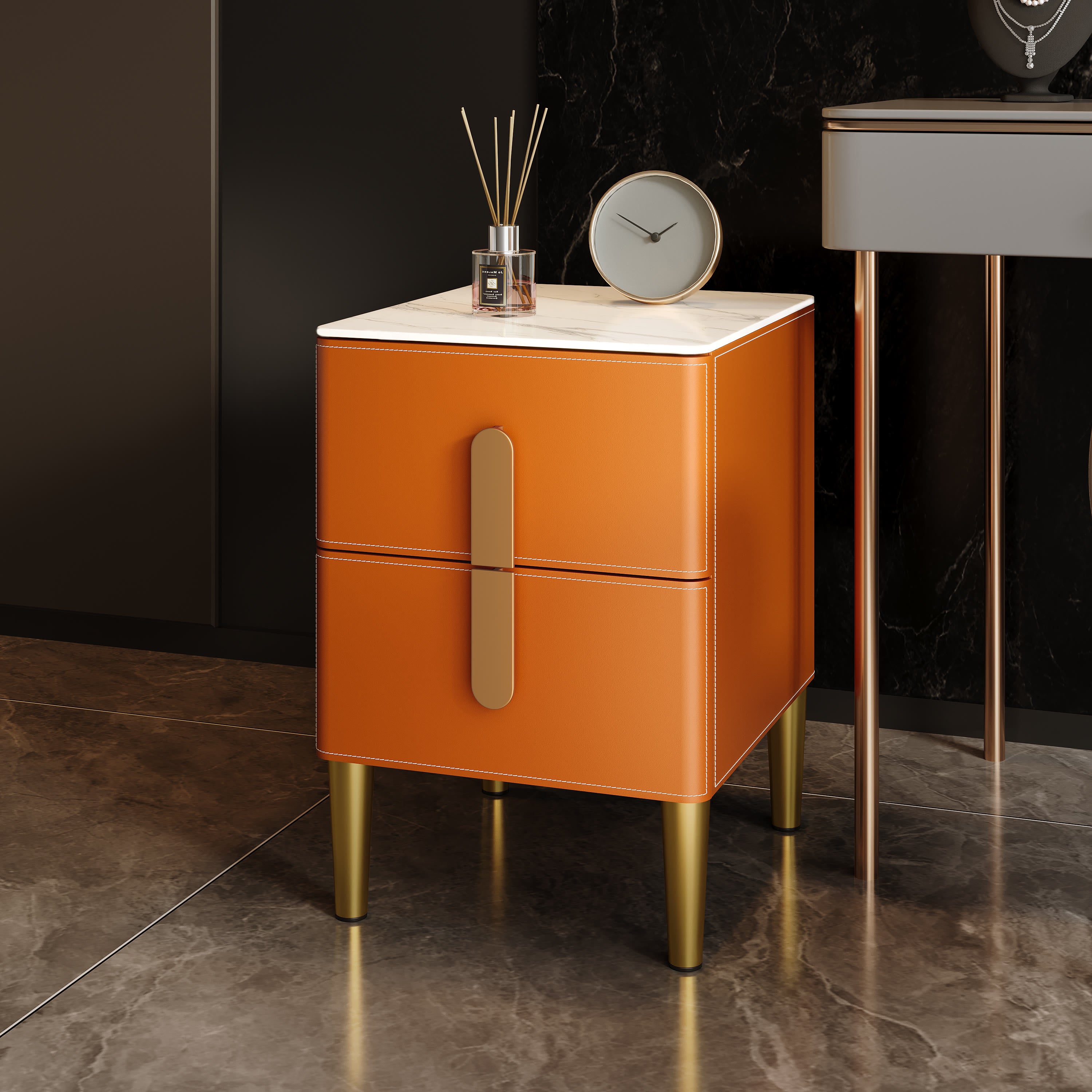 Leather-Wrapped Nightstand in Saddle Leather with stone top - image 7