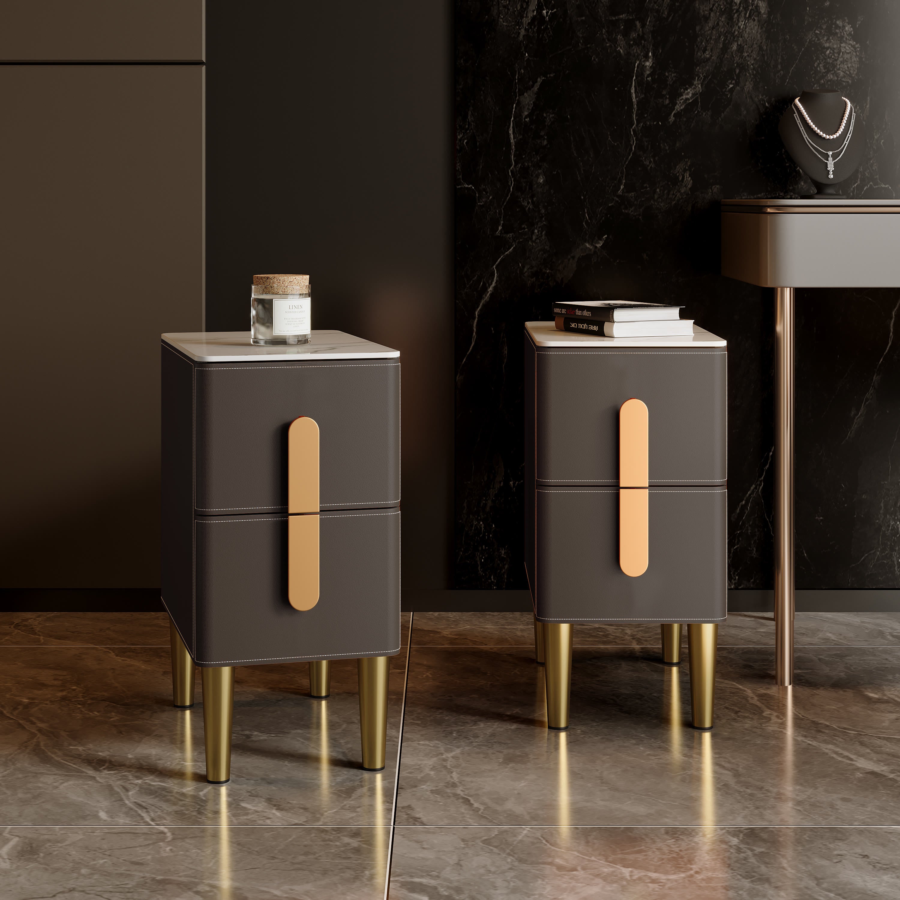 Leather-Wrapped Nightstand in Saddle Leather with stone top - image 16