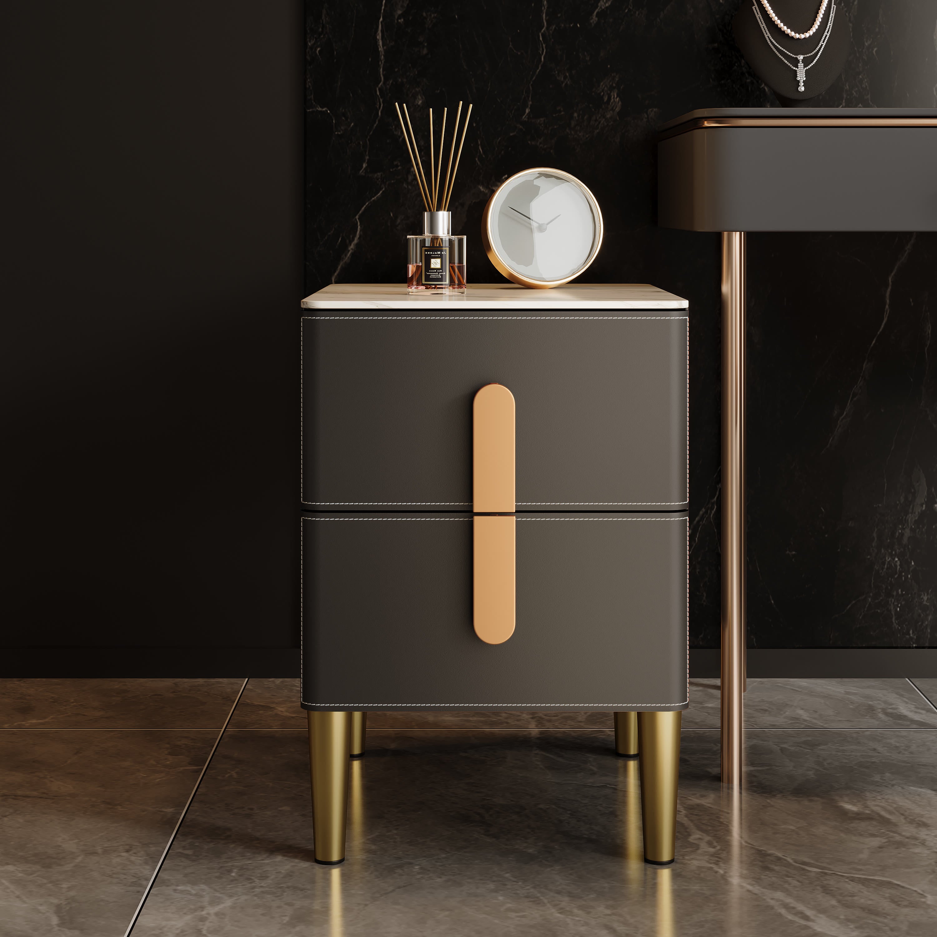 Leather-Wrapped Nightstand in Saddle Leather with stone top - 2x Gray - W9.84" x D15.75" x H19.69" - image 17