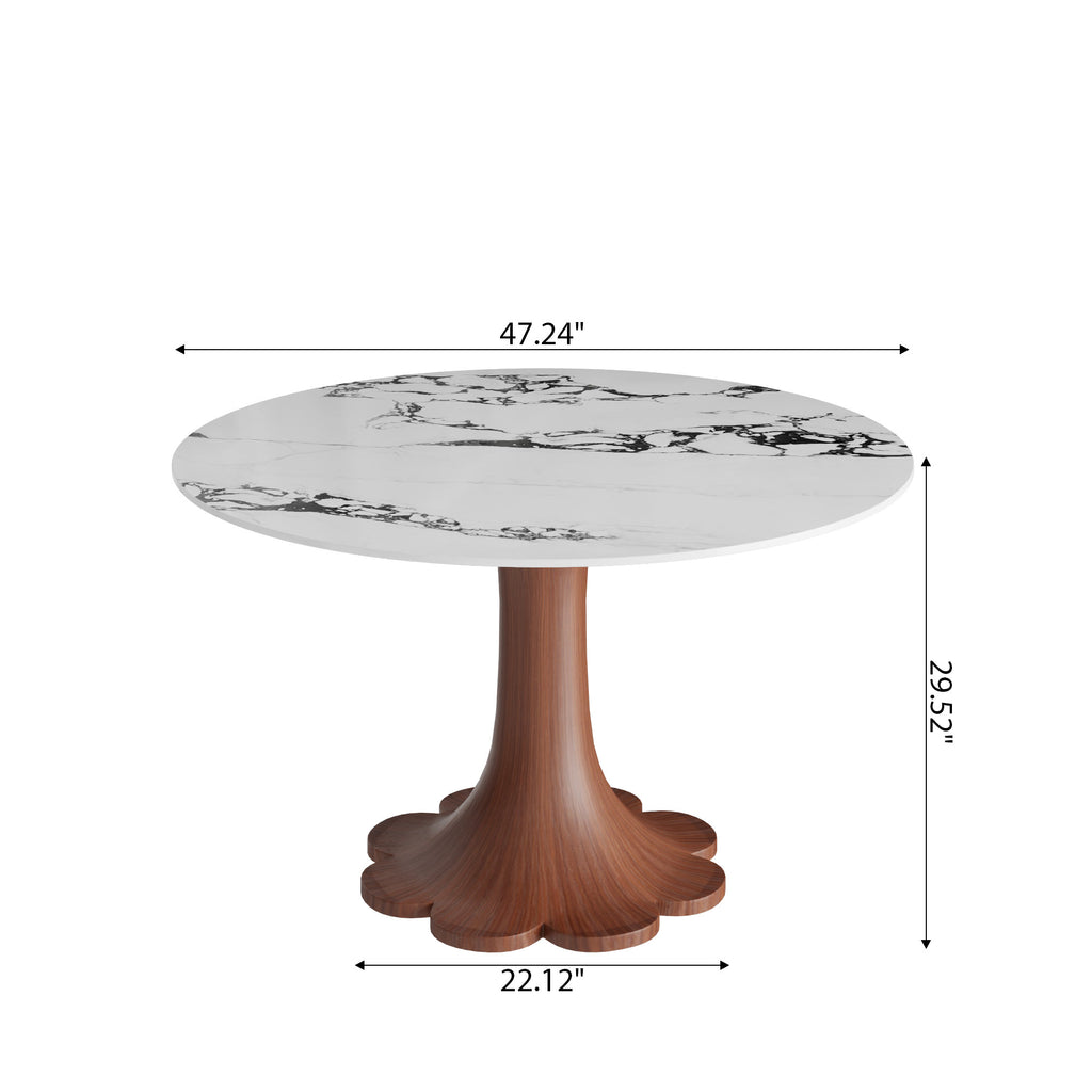 Liora Walnut Round Solid Wood Pedestal Dining Table with Black Vein Stone Top - image 5