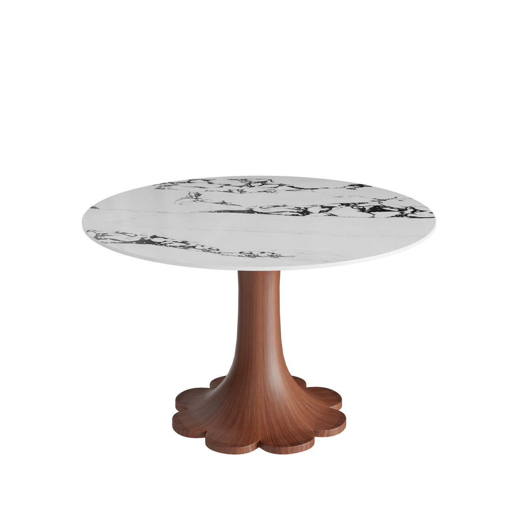 Liora Walnut Round Solid Wood Pedestal Dining Table with Black Vein Stone Top - image 1