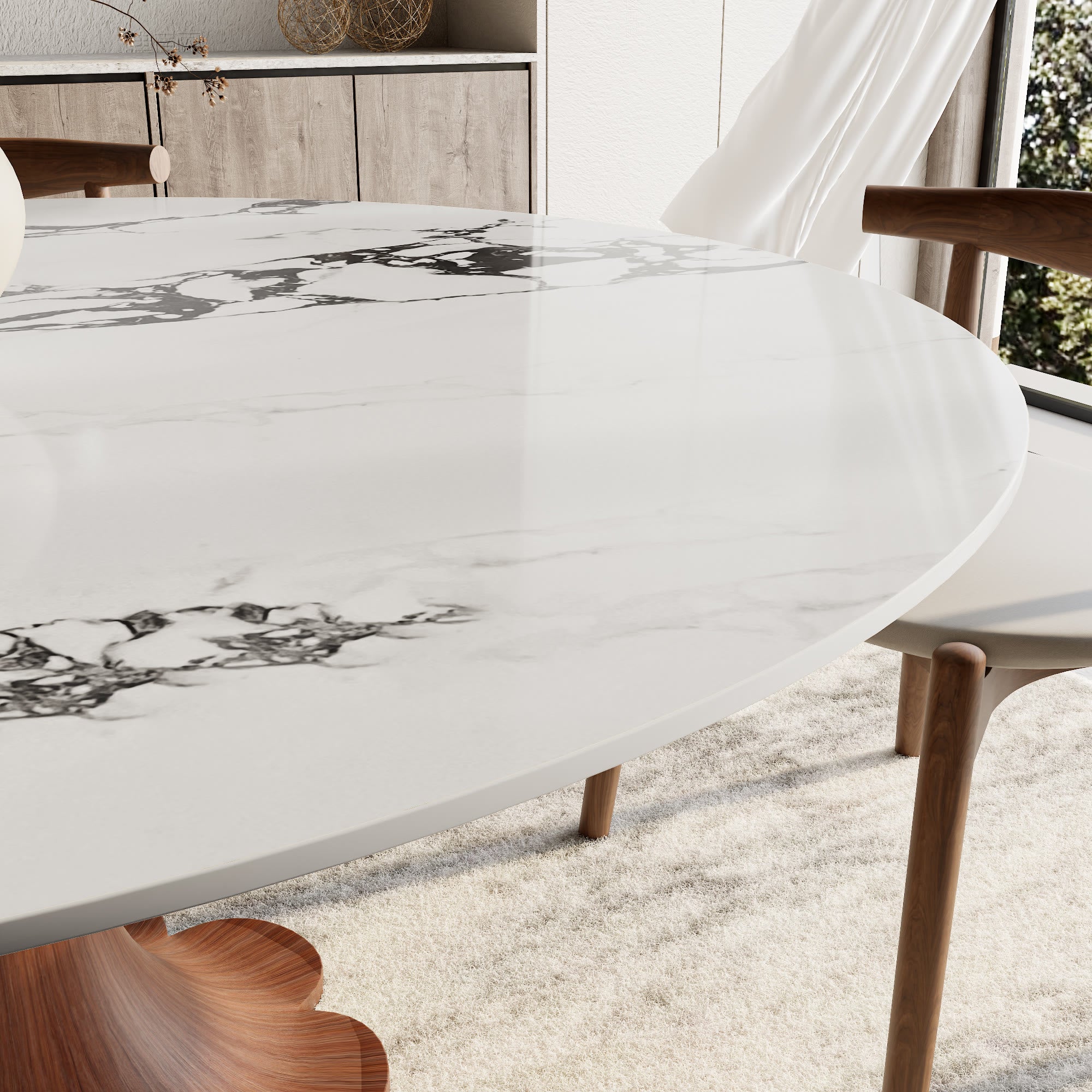 Liora Walnut Round Solid Wood Pedestal Dining Table with Black Vein Stone Top - image 2