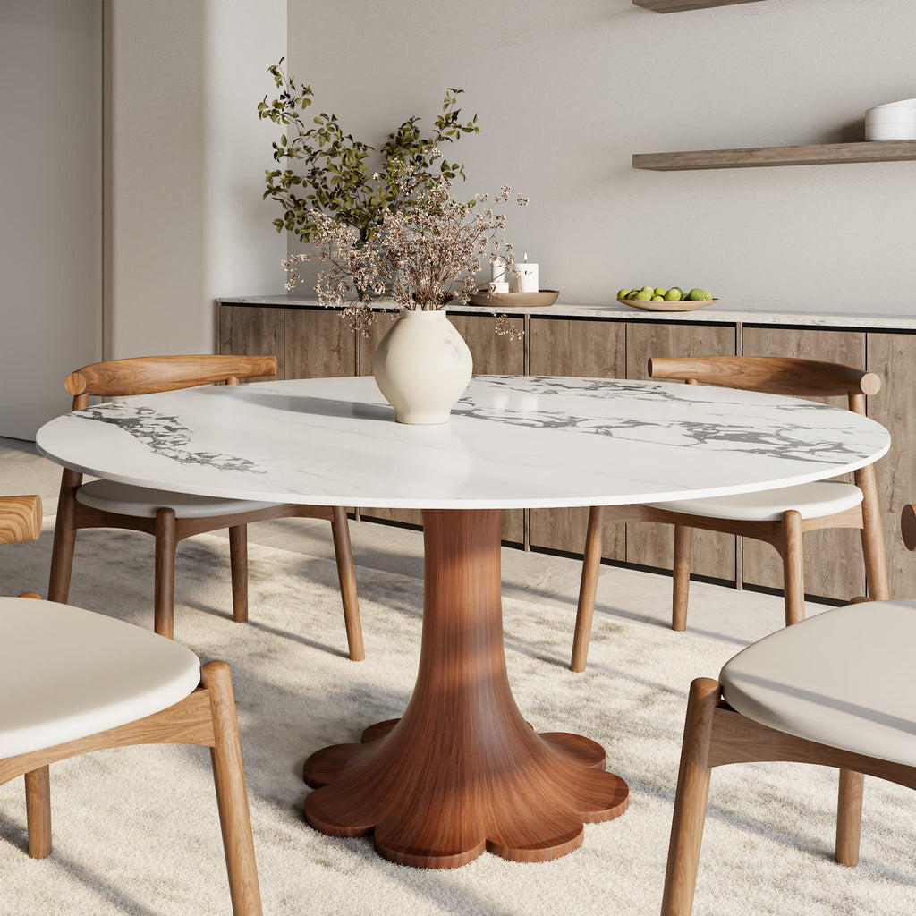 Liora Walnut Round Solid Wood Pedestal Dining Table with Black Vein Stone Top - 59.05'' W X 59.05'' D X 29.53'' H - image 0