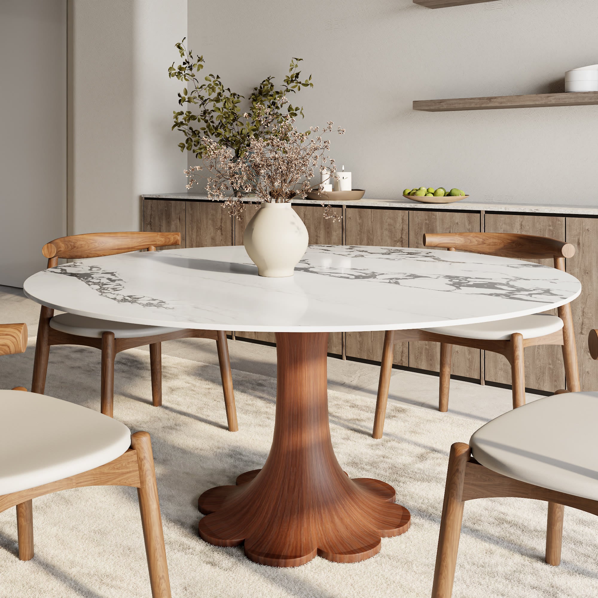 Liora Walnut Round Solid Wood Pedestal Dining Table with Black Vein Stone Top - 59.05'' W X 59.05'' D X 29.53'' H - image 0