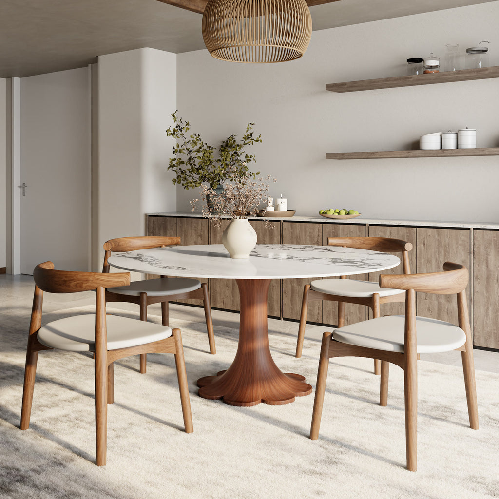 Liora Walnut Round Solid Wood Pedestal Dining Table with Black Vein Stone Top - image 3