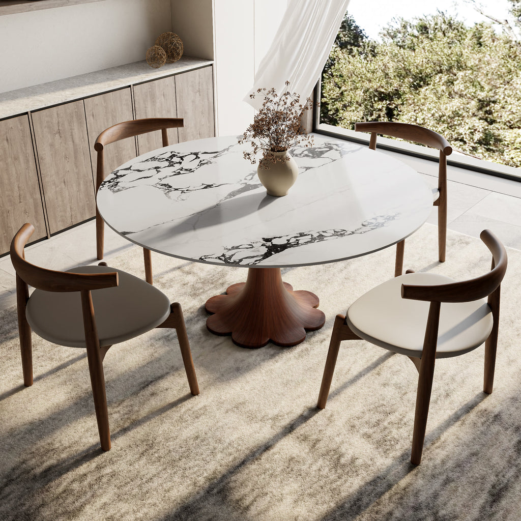 Liora Walnut Round Solid Wood Pedestal Dining Table with Black Vein Stone Top - image 4