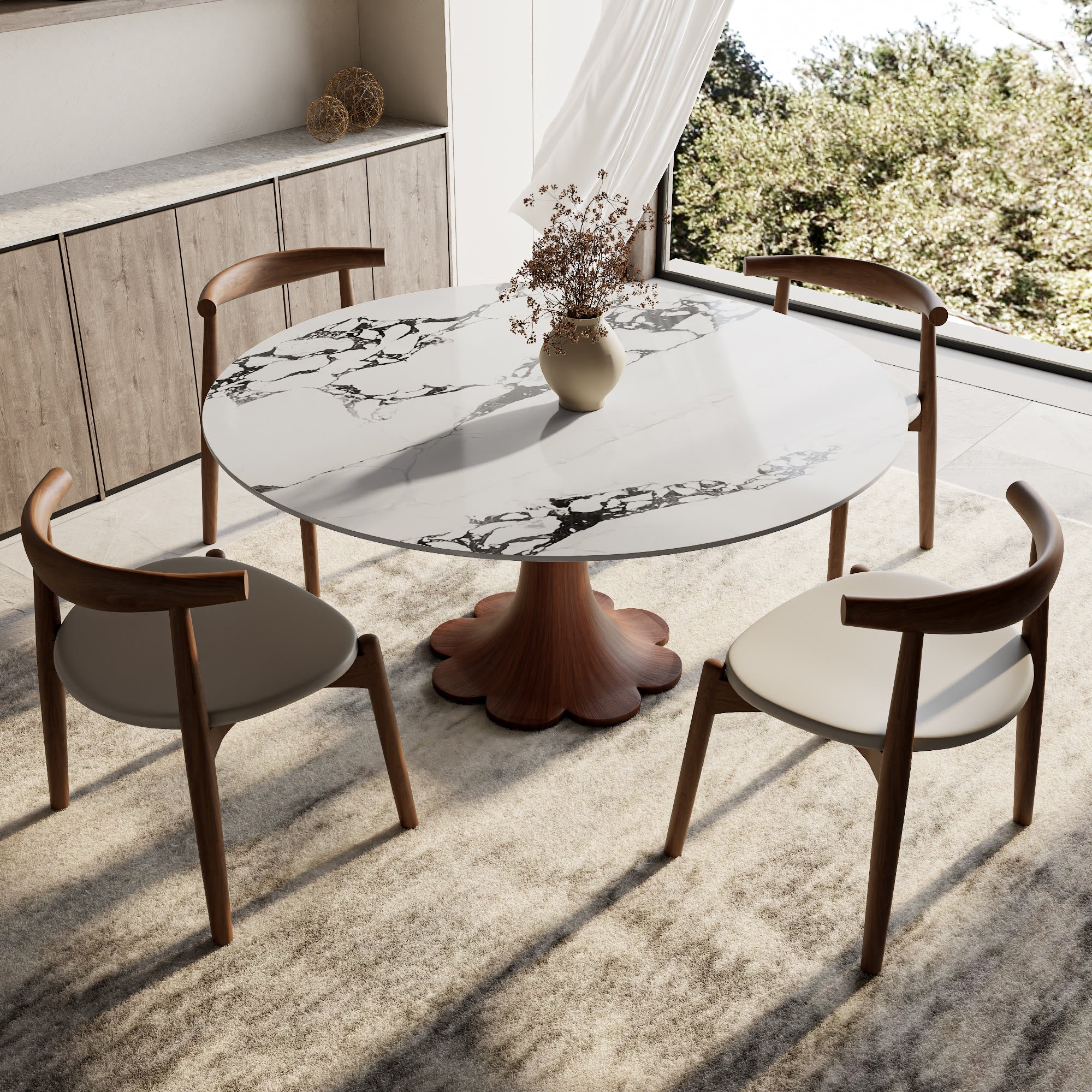 Liora Walnut Round Solid Wood Pedestal Dining Table with Black Vein Stone Top - image 4