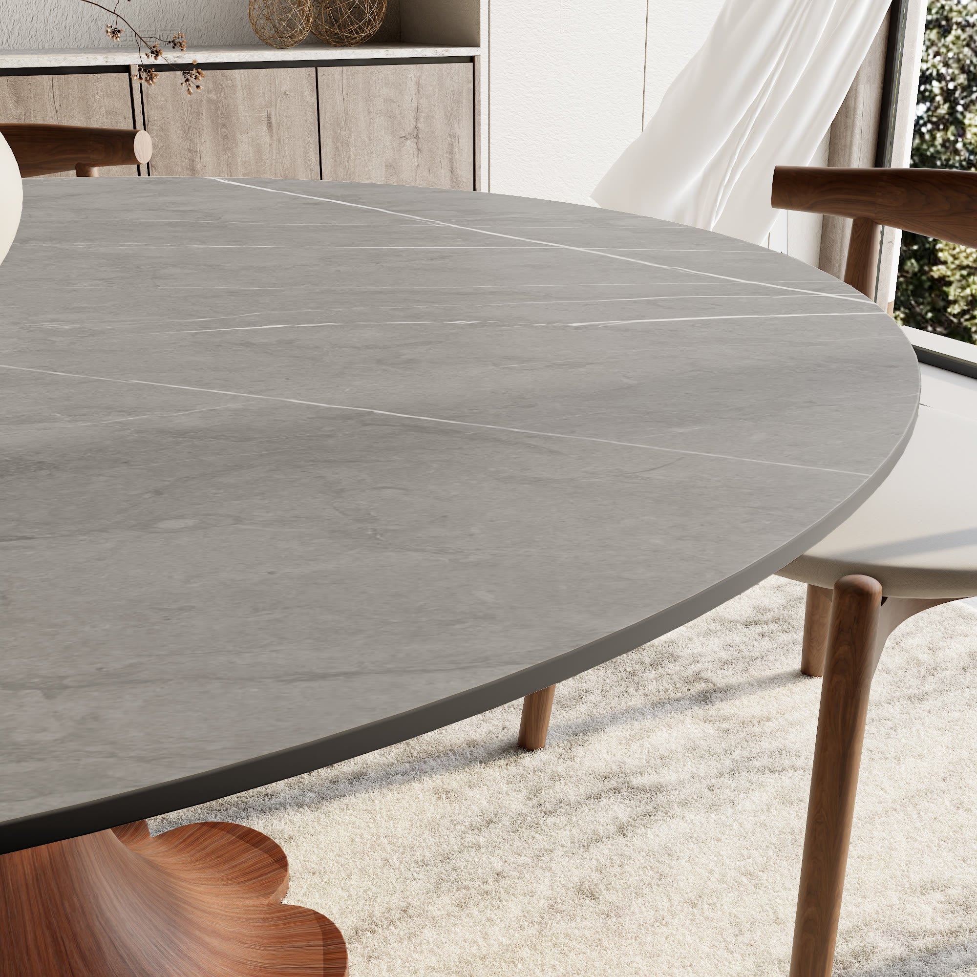 Liora Walnut Round Solid Wood Pedestal Dining Table with Gray Stone Top - image 2