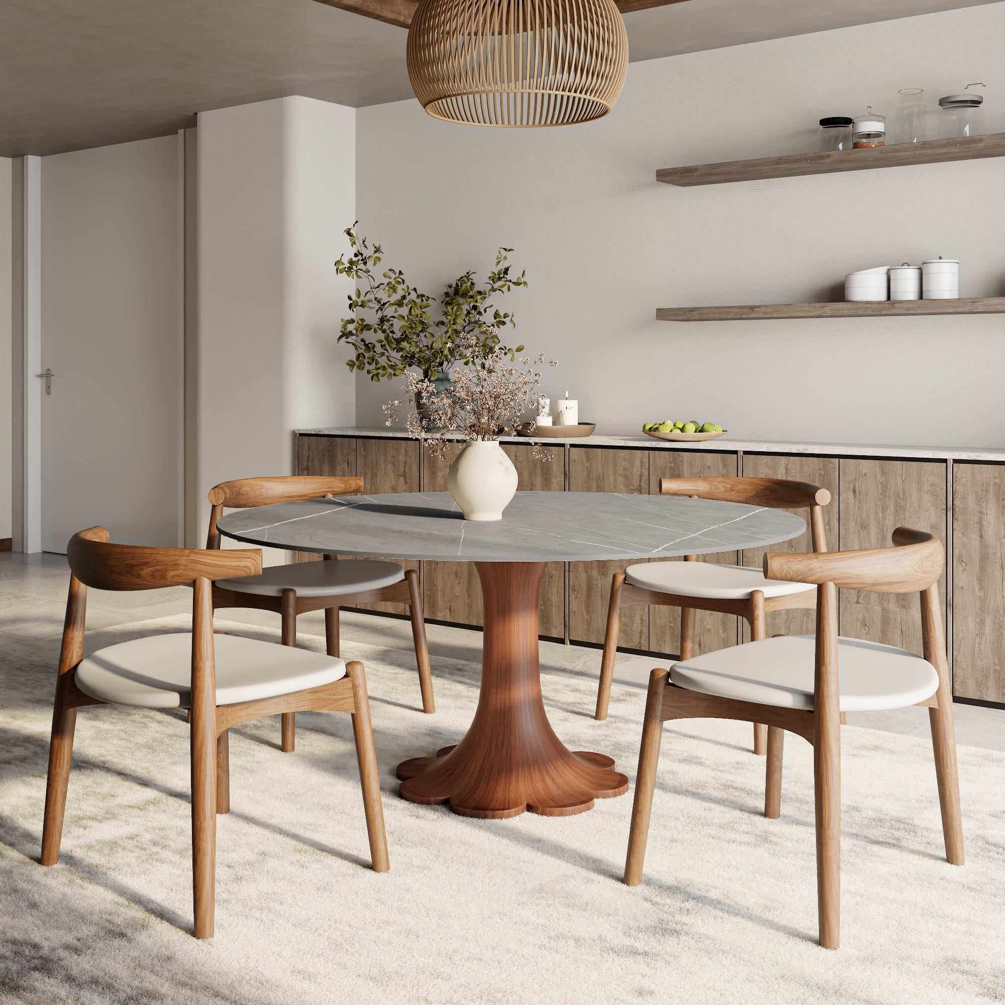 Liora Walnut Round Solid Wood Pedestal Dining Table with Gray Stone Top - image 3