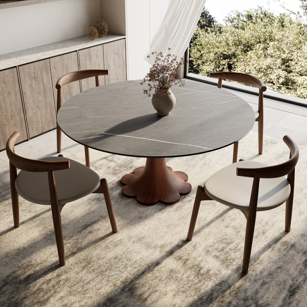 Liora Walnut Round Solid Wood Pedestal Dining Table with Gray Stone Top - image 4