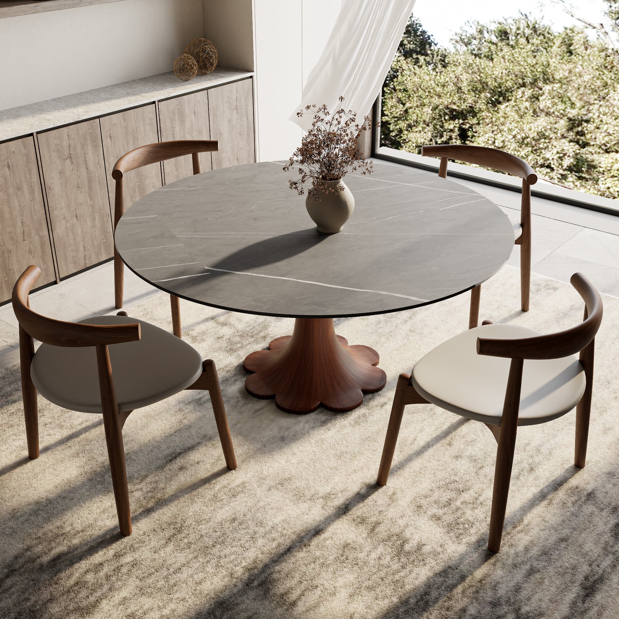 Liora Walnut Round Solid Wood Pedestal Dining Table with Gray Stone Top - image 4