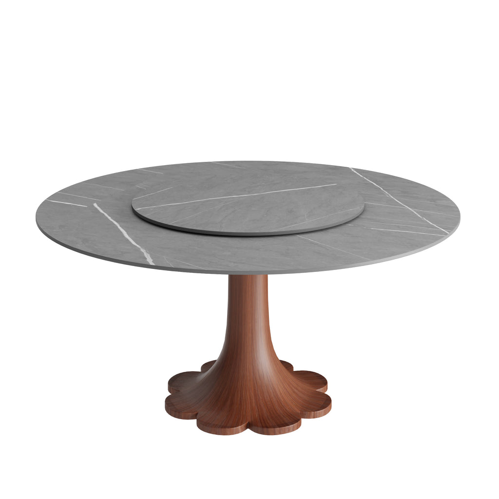 Liora Walnut Round Solid Wood Pedestal Dining Table with Gray Stone Top and Removable Lazy Susan - image 1