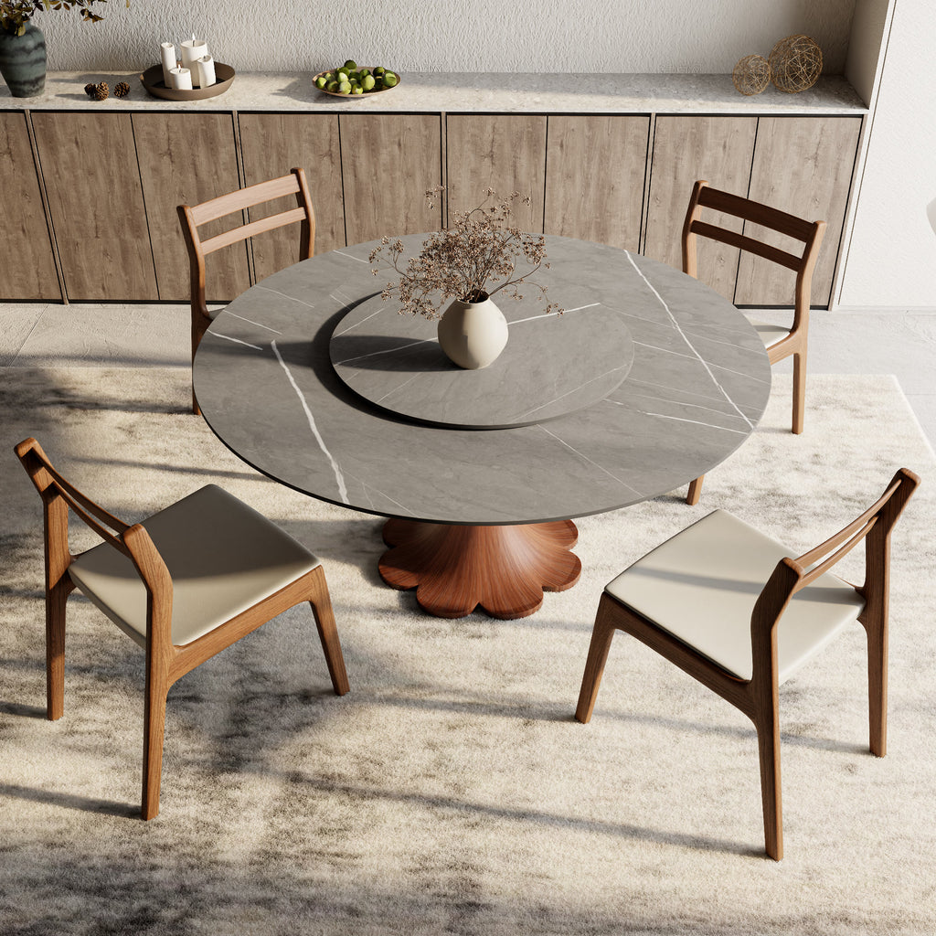 Liora Walnut Round Solid Wood Pedestal Dining Table with Gray Stone Top and Removable Lazy Susan - image 4