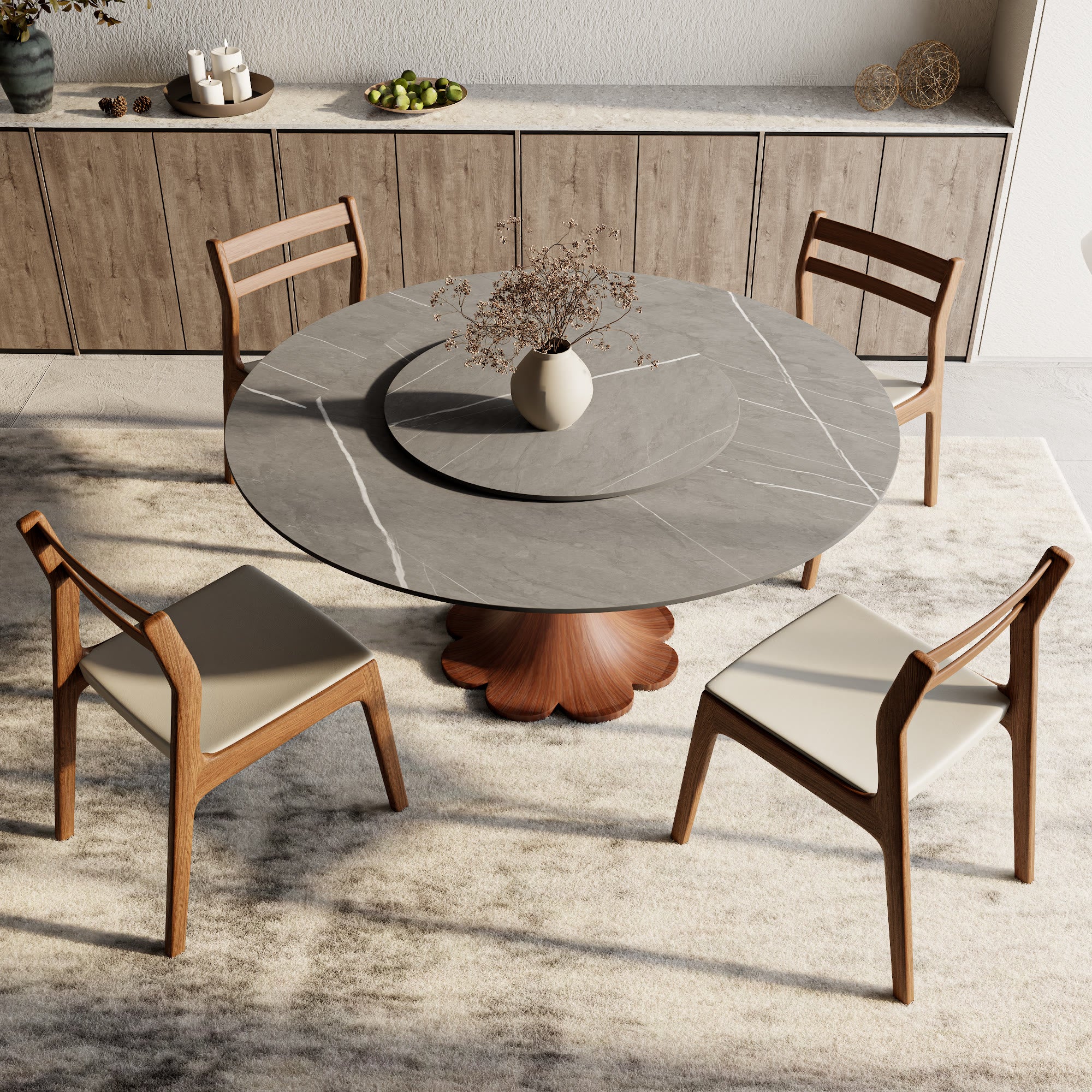 Liora Walnut Round Solid Wood Pedestal Dining Table with Gray Stone Top and Removable Lazy Susan - image 4