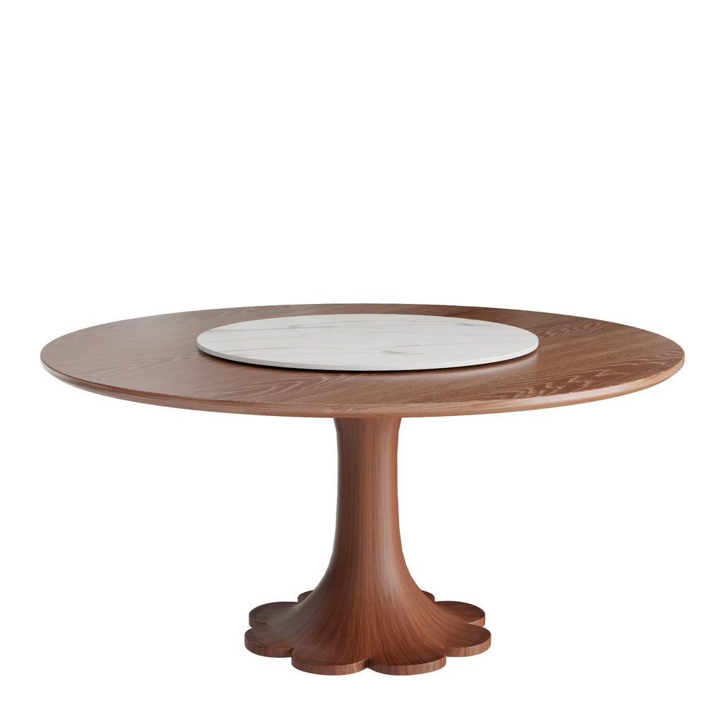 Liora Walnut Round Solid Wood Pedestal Dining Table with Solid Wood Top and Snow White Stone Removable Lazy Susan - image 1