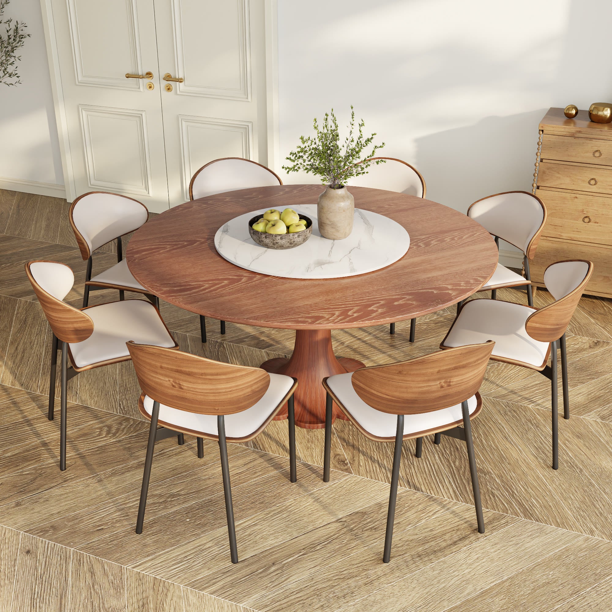 Liora Walnut Round Solid Wood Pedestal Dining Table with Solid Wood Top and Snow White Stone Removable Lazy Susan - image 4