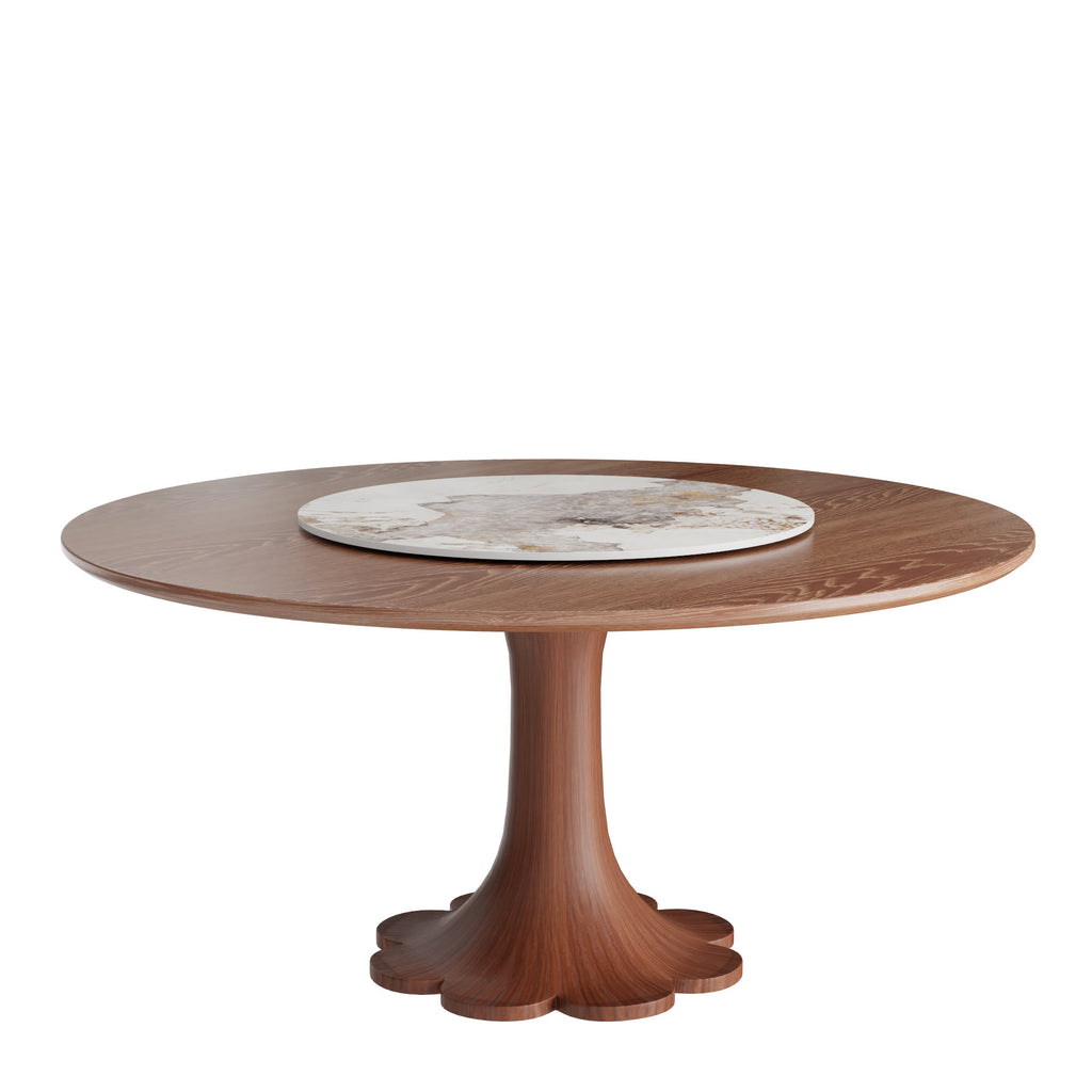 Liora Walnut Round Solid Wood Pedestal Dining Table with Solid Wood Top and Pandora Stone Removable Lazy Susan - image 1