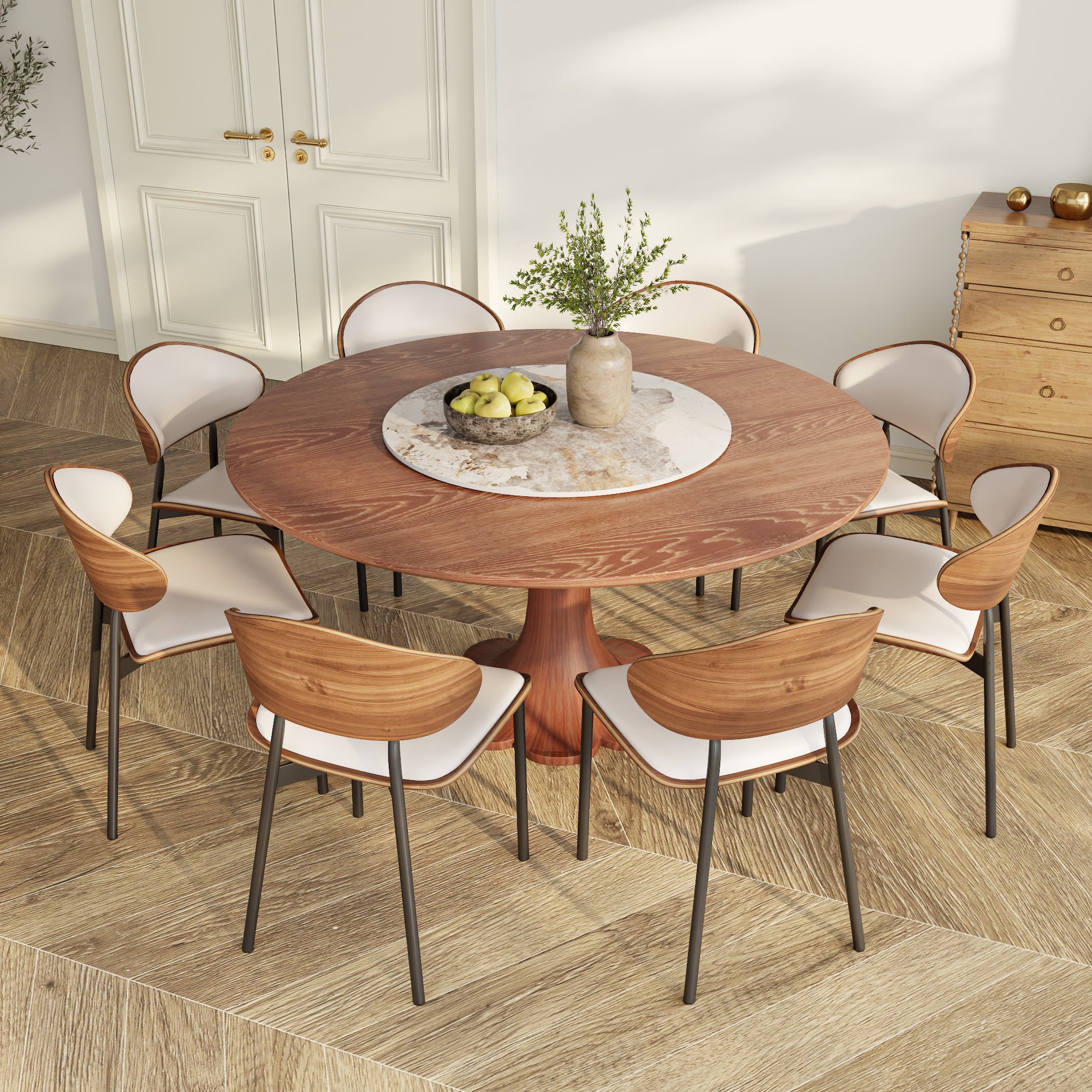 Liora Walnut Round Solid Wood Pedestal Dining Table with Solid Wood Top and Pandora Stone Removable Lazy Susan - image 4