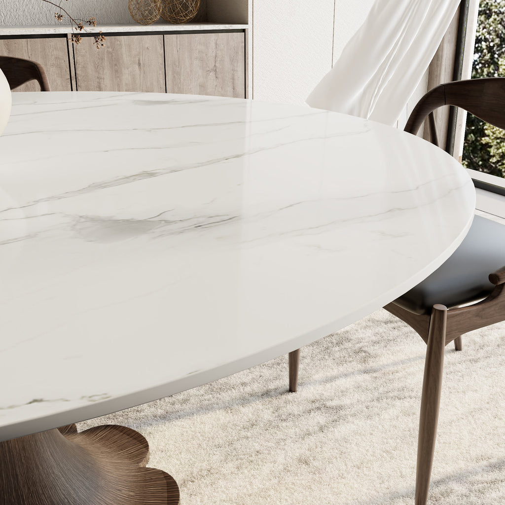 Liora Dark Walnut Round Solid Wood Pedestal Dining Table with Snow White Stone Top - image 2