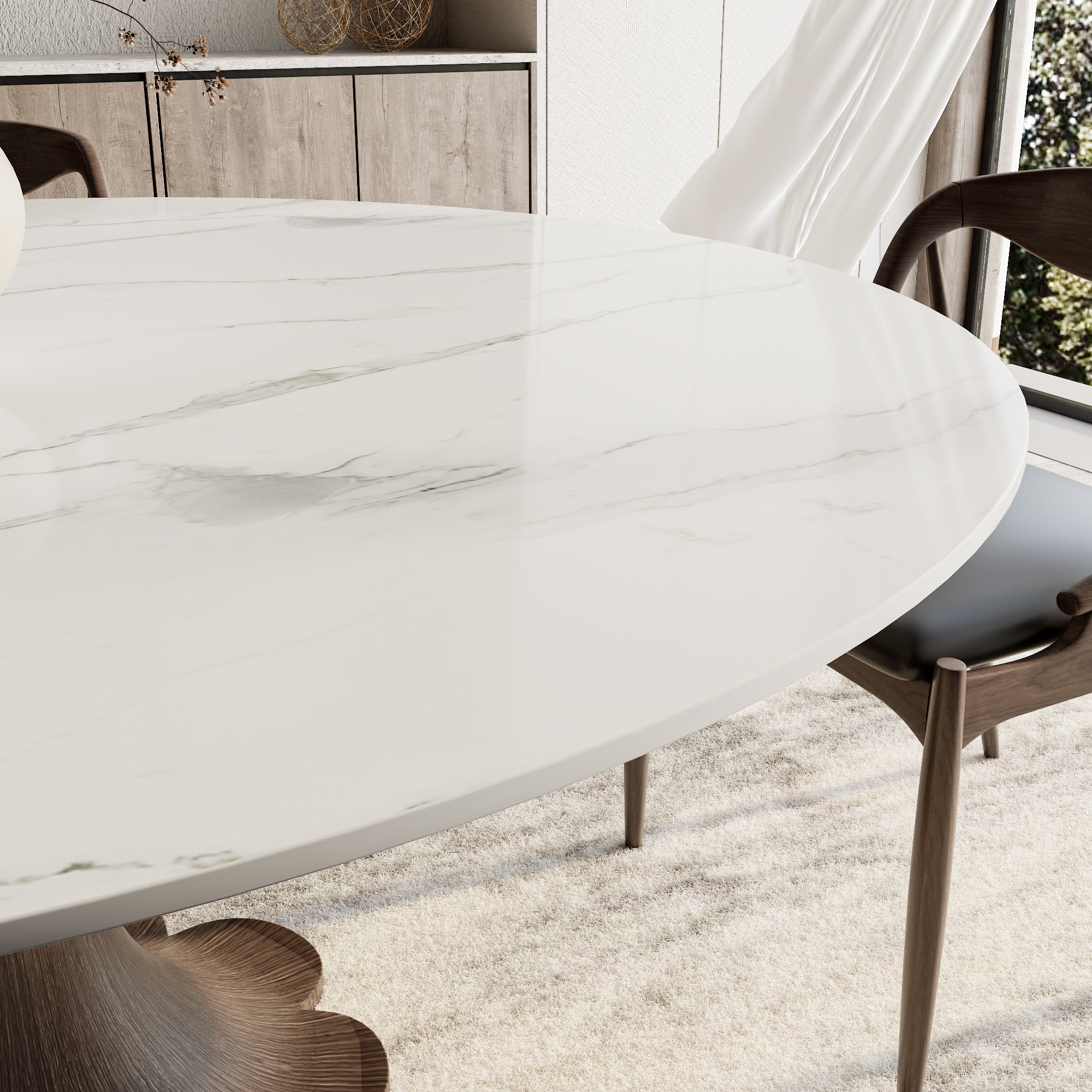 Liora Dark Walnut Round Solid Wood Pedestal Dining Table with Snow White Stone Top - image 2