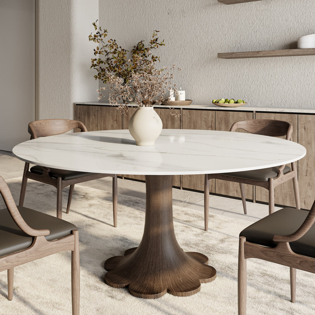 Liora Dark Walnut Round Solid Wood Pedestal Dining Table with Snow White Stone Top - 59.05'' W X 59.05'' D X 29.53'' H - image 0