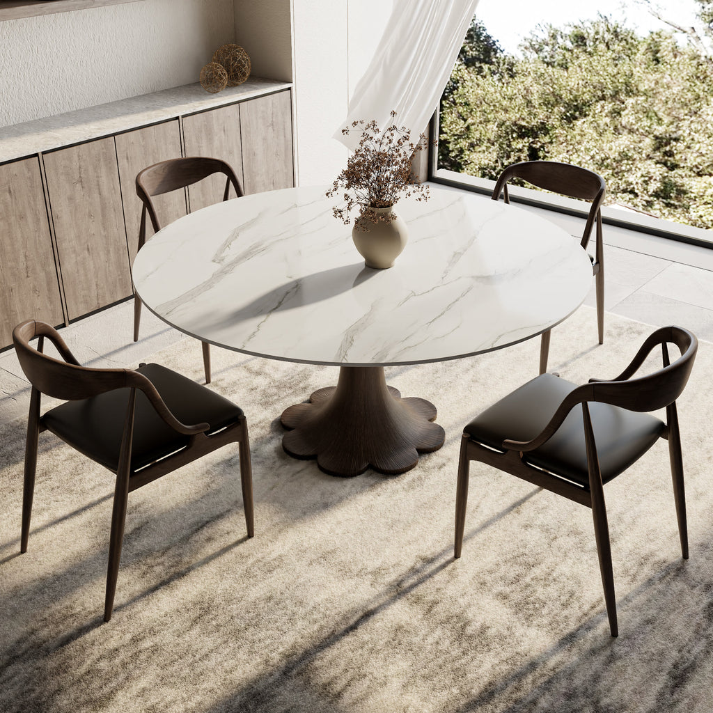 Liora Dark Walnut Round Solid Wood Pedestal Dining Table with Snow White Stone Top - image 4