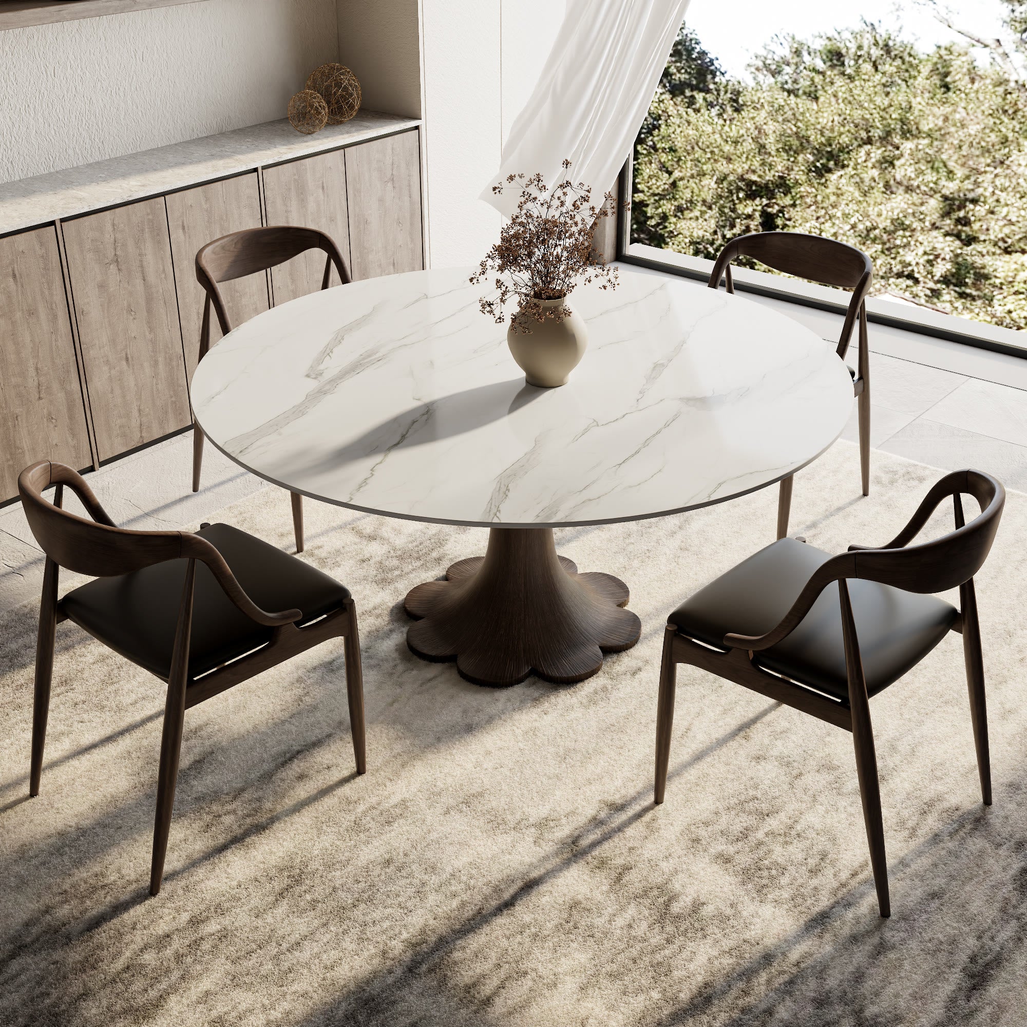 Liora Dark Walnut Round Solid Wood Pedestal Dining Table with Snow White Stone Top - image 4