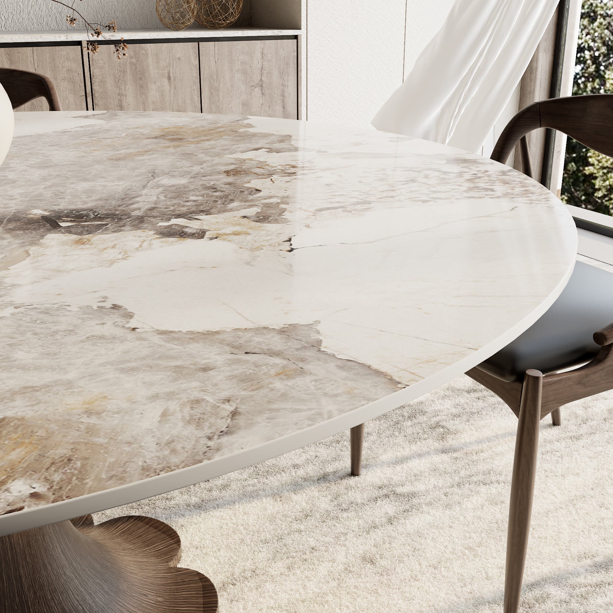 Liora Dark Walnut Round Solid Wood Pedestal Dining Table with Pandora Stone Top - image 2