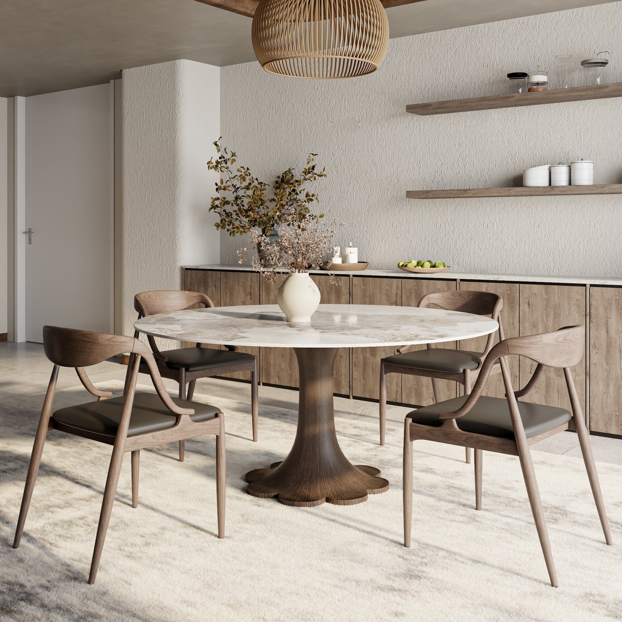 Liora Dark Walnut Round Solid Wood Pedestal Dining Table with Pandora Stone Top - image 3