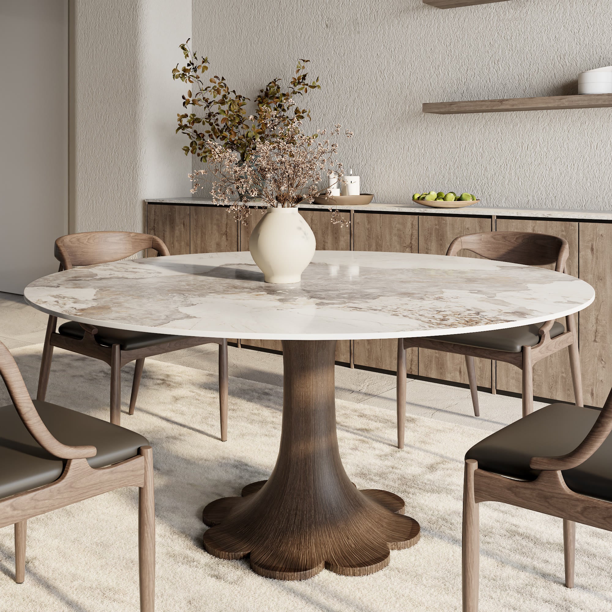 Liora Dark Walnut Round Solid Wood Pedestal Dining Table with Pandora Stone Top - 59.05'' W X 59.05'' D X 29.53'' H - image 0