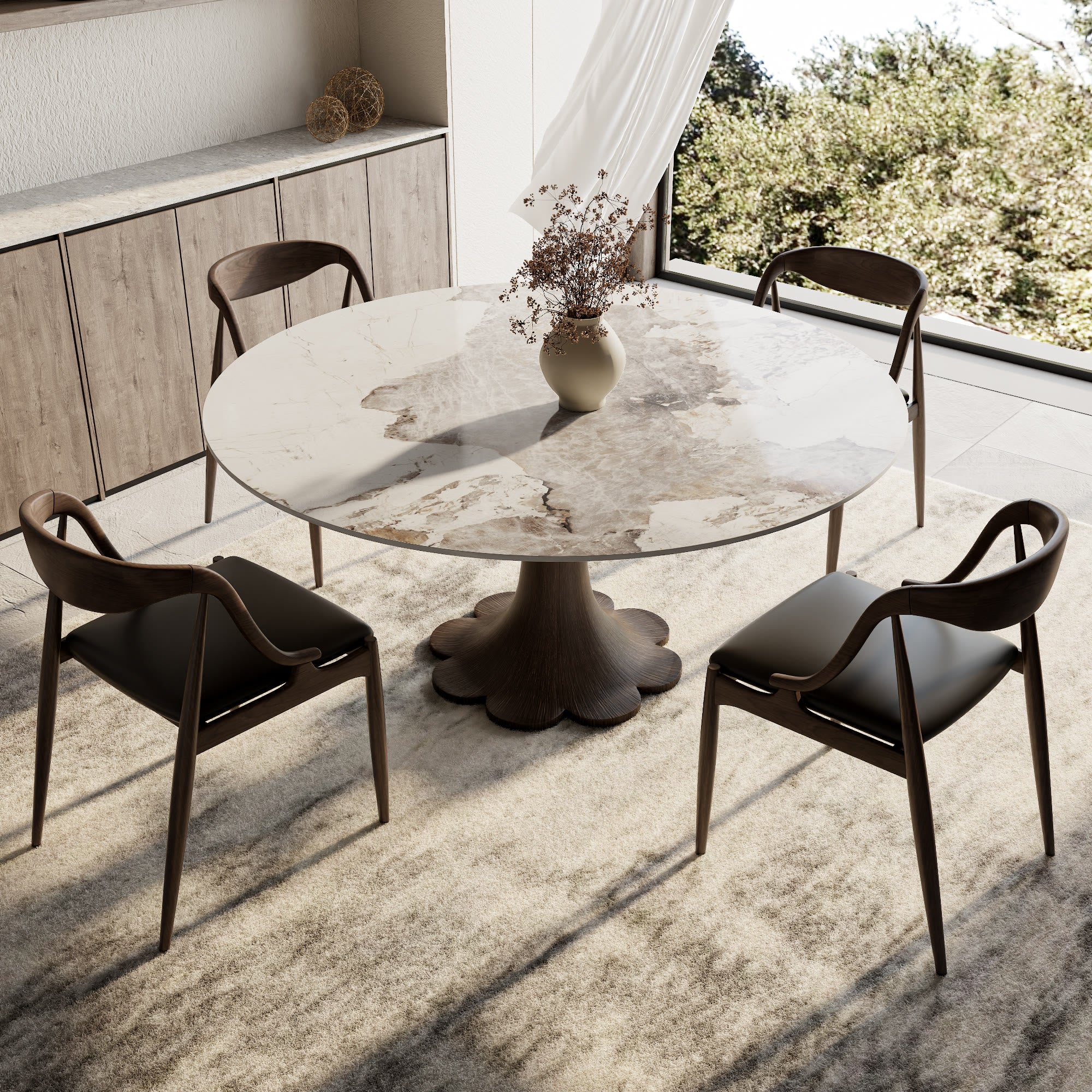 Liora Dark Walnut Round Solid Wood Pedestal Dining Table with Pandora Stone Top - image 4