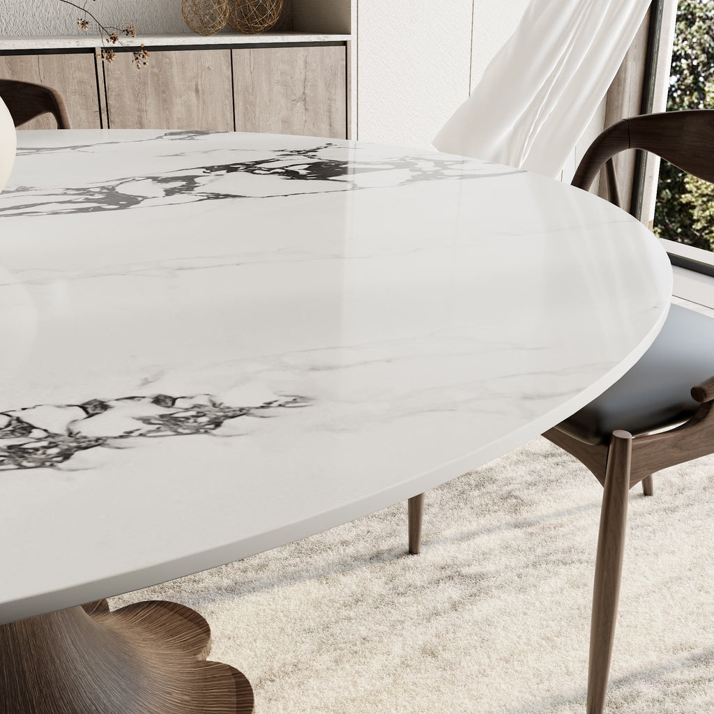 Liora Dark Walnut Solid Wood Pedestal Round Dining Table with Black Vein Stone Top - image 2