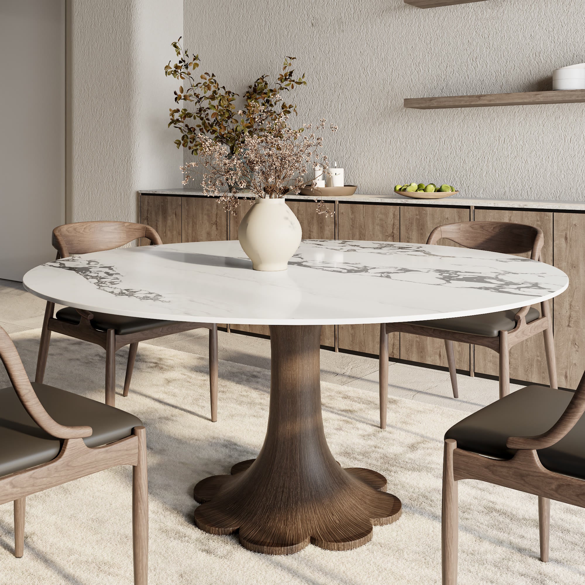 Liora Dark Walnut Solid Wood Pedestal Round Dining Table with Black Vein Stone Top - 59.05'' W X 59.05'' D X 29.53'' H - image 0