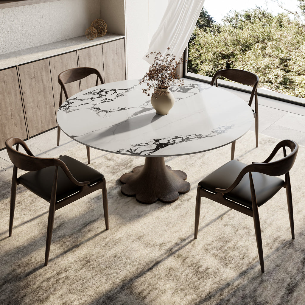 Liora Dark Walnut Solid Wood Pedestal Round Dining Table with Black Vein Stone Top - image 4