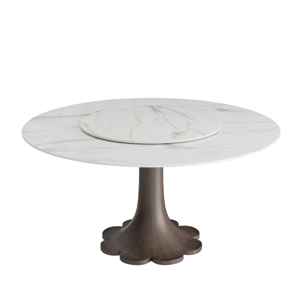 Liora Dark Walnut Solid Wood Pedestal Round Dining Table with Snow White Stone Top and Matching Removable Lazy Susan - image 1