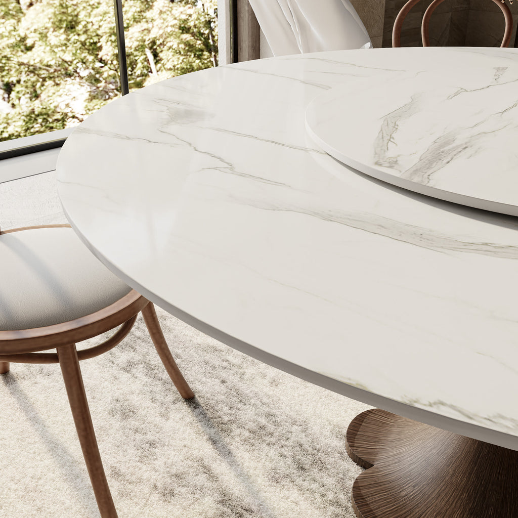 Liora Dark Walnut Solid Wood Pedestal Round Dining Table with Snow White Stone Top and Matching Removable Lazy Susan - image 2