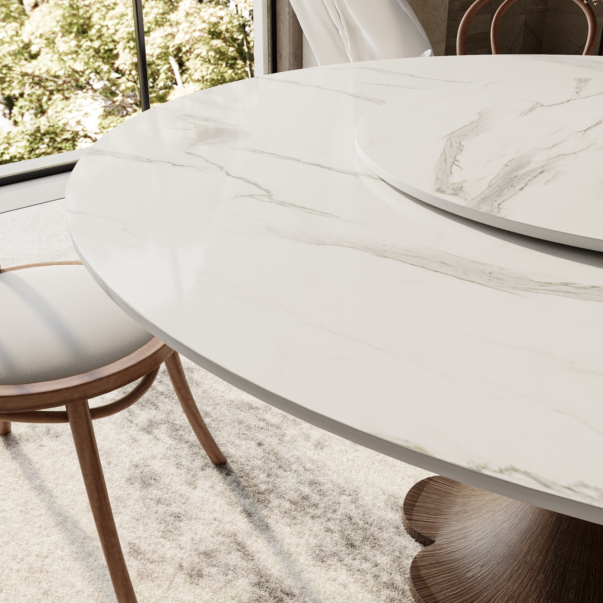 Liora Dark Walnut Solid Wood Pedestal Round Dining Table with Snow White Stone Top and Matching Removable Lazy Susan - image 2