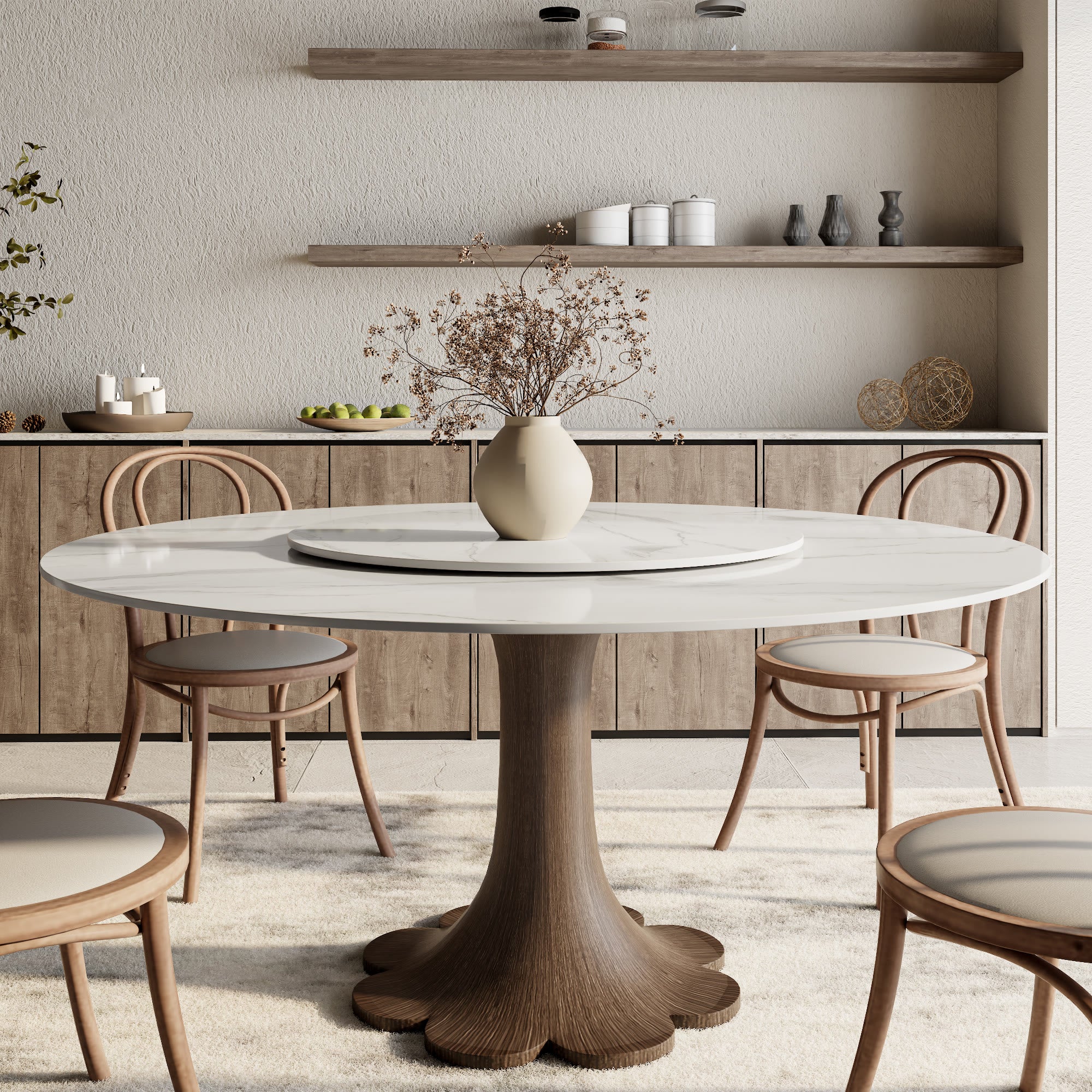 Liora Dark Walnut Solid Wood Pedestal Round Dining Table with Snow White Stone Top and Matching Removable Lazy Susan - 59.05'' W X 59.05'' D X 29.53'' H - image 0