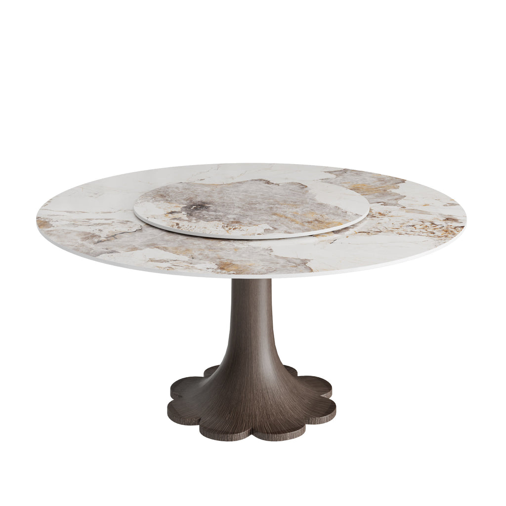 Liora Dark Walnut Round Solid Wood Pedestal Dining Table with Pandora Stone Top and Matching Removable Lazy Susan - image 1