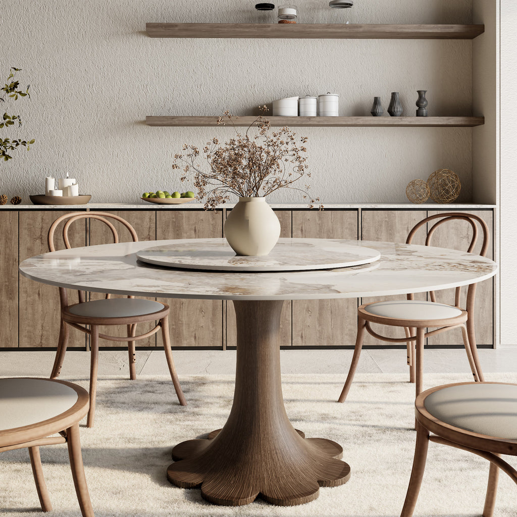 Liora Dark Walnut Round Solid Wood Pedestal Dining Table with Pandora Stone Top and Matching Removable Lazy Susan - 59.05'' W X 59.05'' D X 29.53'' H - image 0