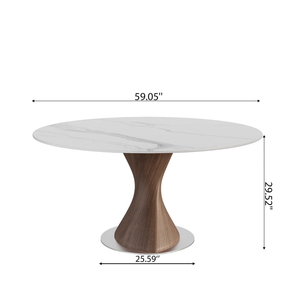 Verona Dark Walnut Solid Wood Pedestal Dining Table with Snow White Stone Top - image 8