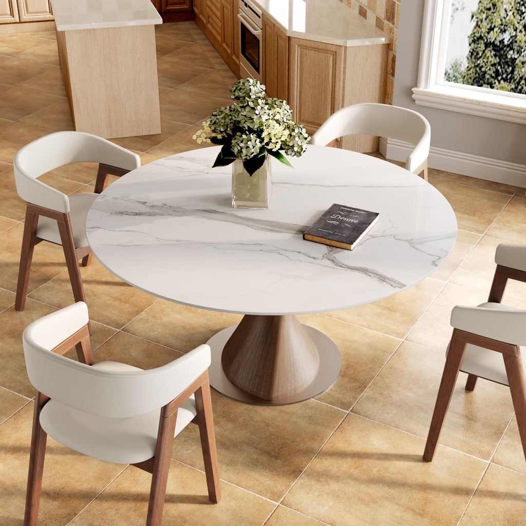 Verona Dark Walnut Solid Wood Pedestal Dining Table with Snow White Stone Top - image 4