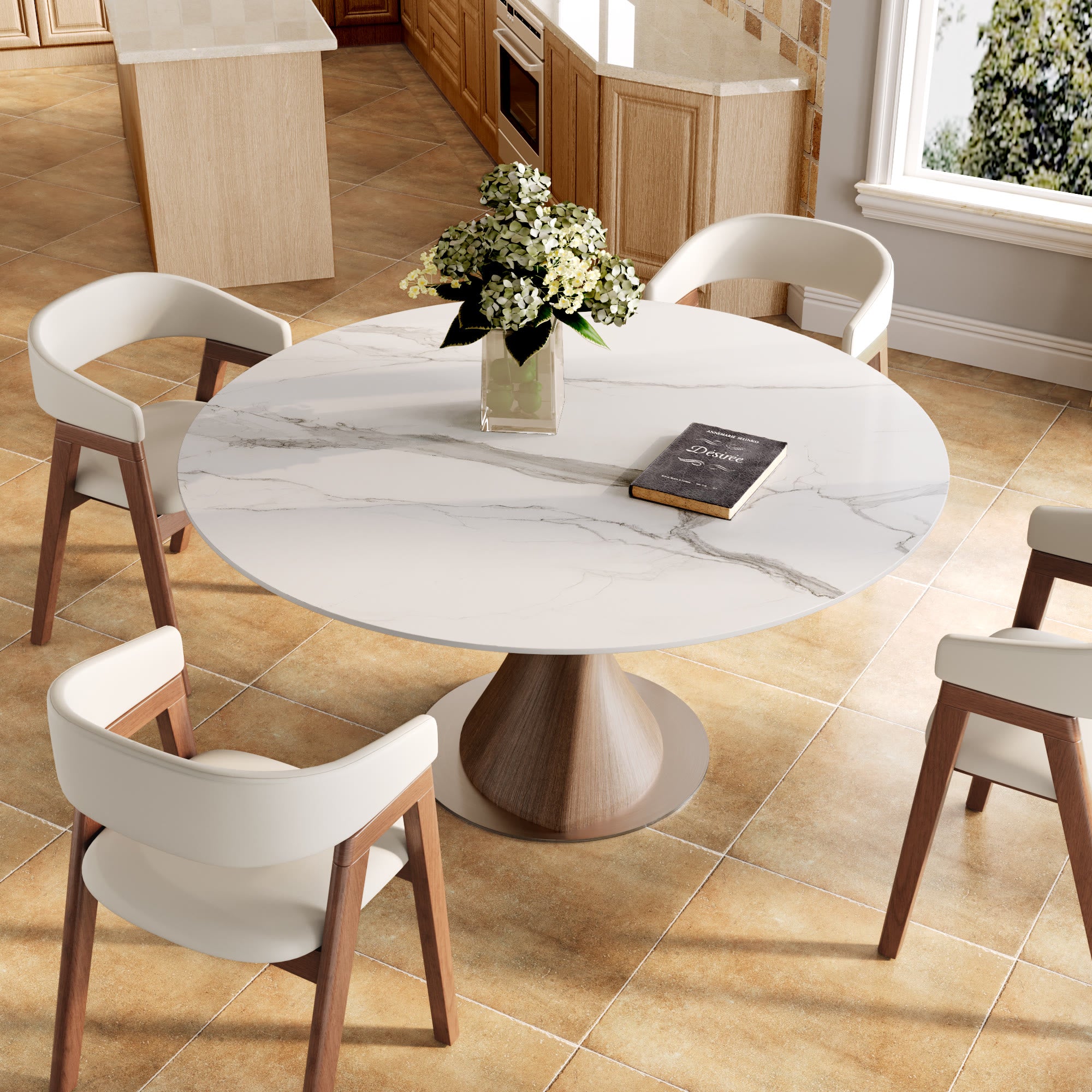 Verona Dark Walnut Solid Wood Pedestal Dining Table with Snow White Stone Top - image 4