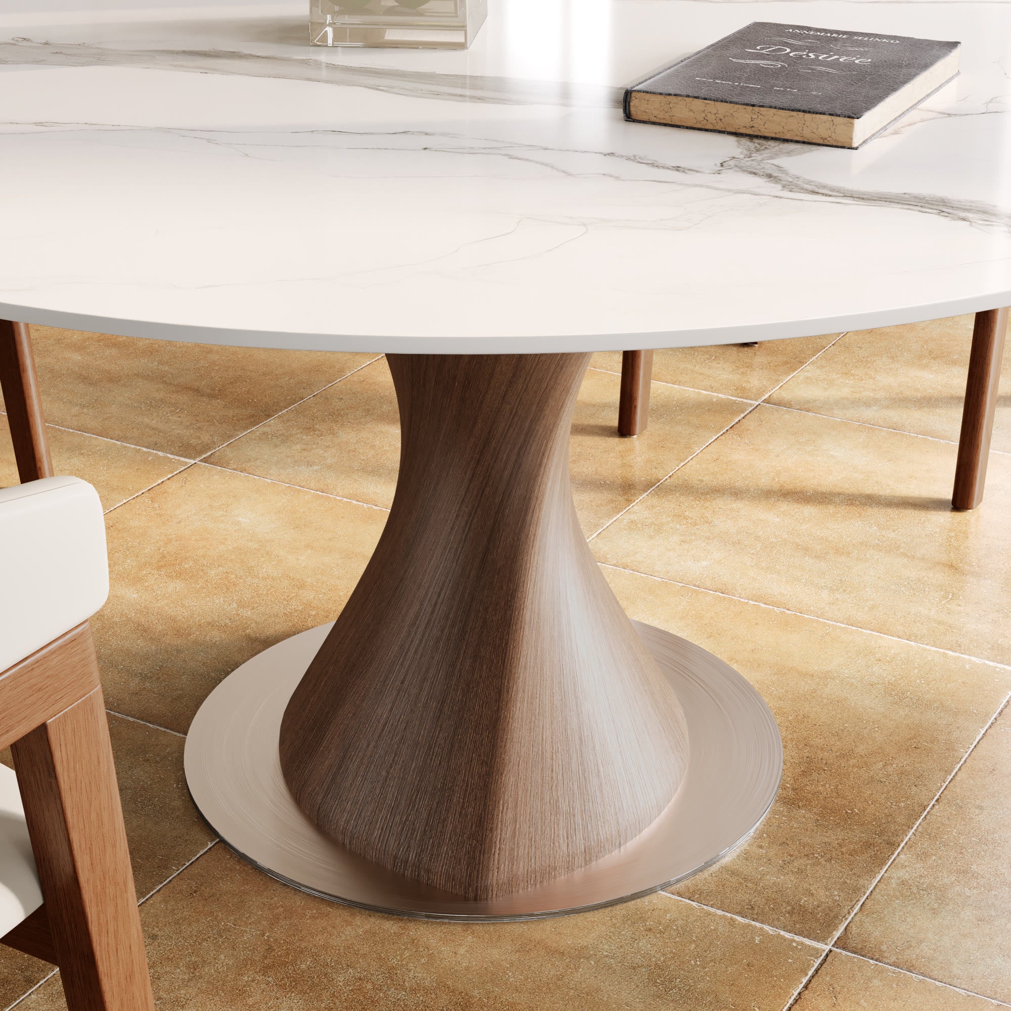 Verona Dark Walnut Solid Wood Pedestal Dining Table with Snow White Stone Top - image 2