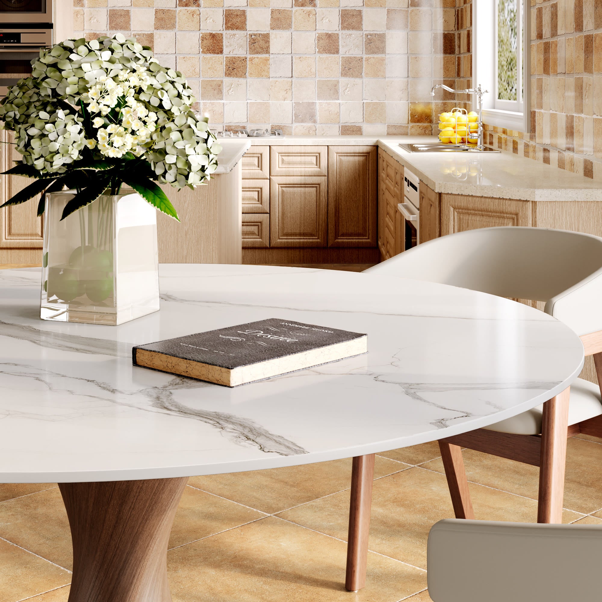 Verona Dark Walnut Solid Wood Pedestal Dining Table with Snow White Stone Top - image 9