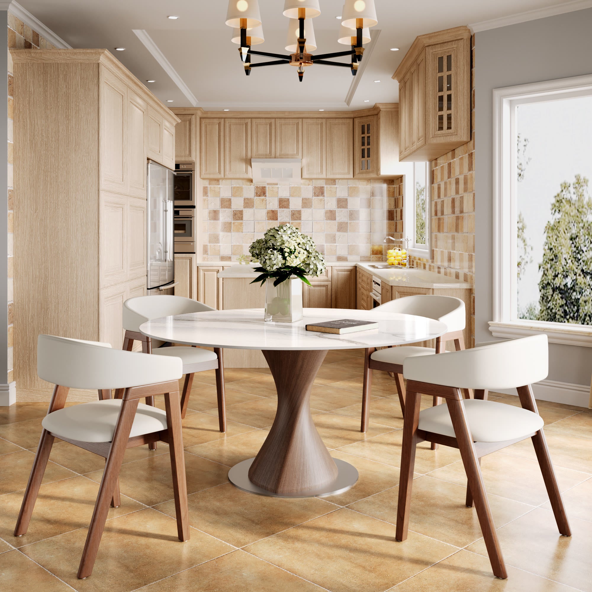 Verona Dark Walnut Solid Wood Pedestal Dining Table with Snow White Stone Top - image 3