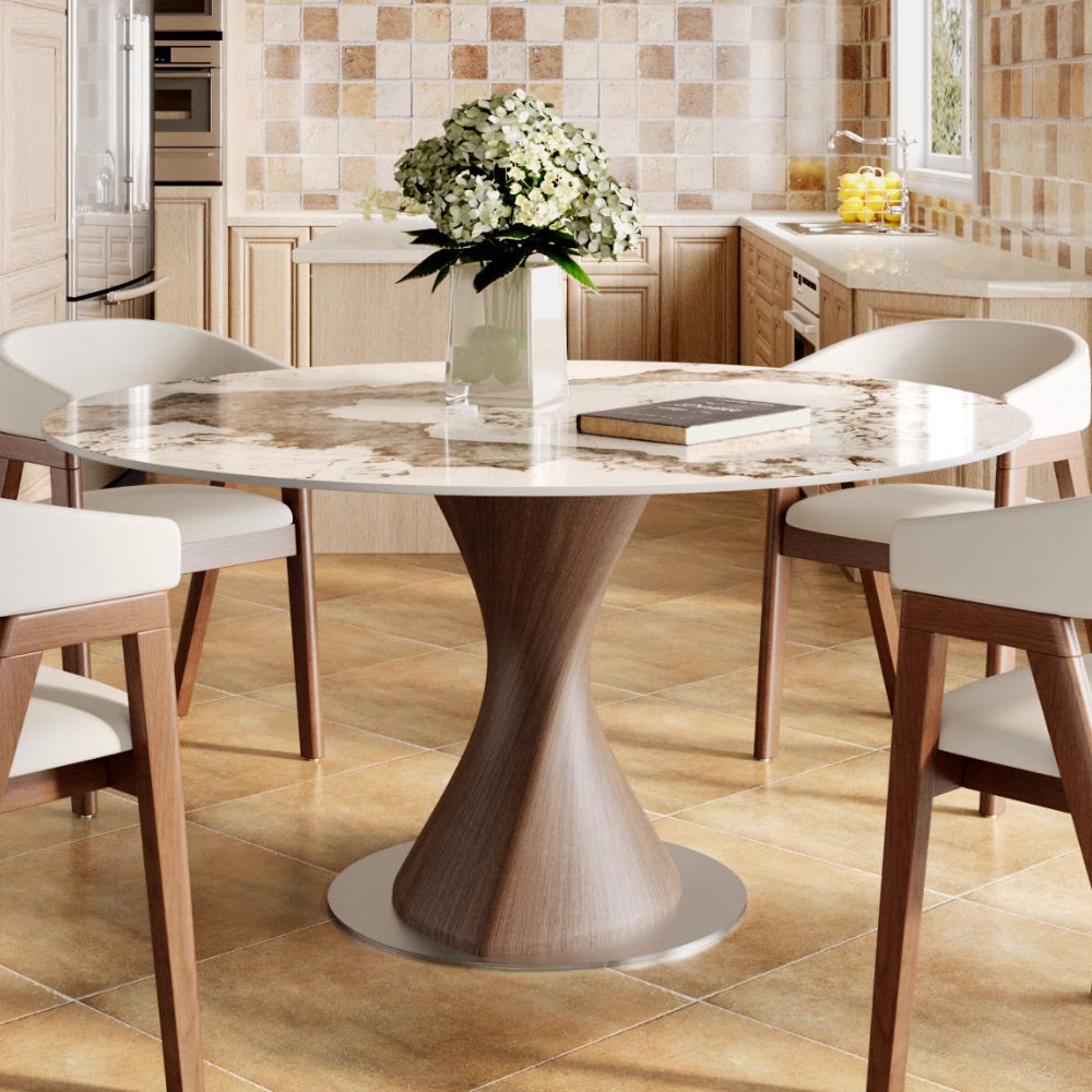 Verona Dark Walnut Solid Wood Pedestal Dining Table with Pandora Stone Top - 59.05'' W X 59.05'' D X 29.53'' H - image 0