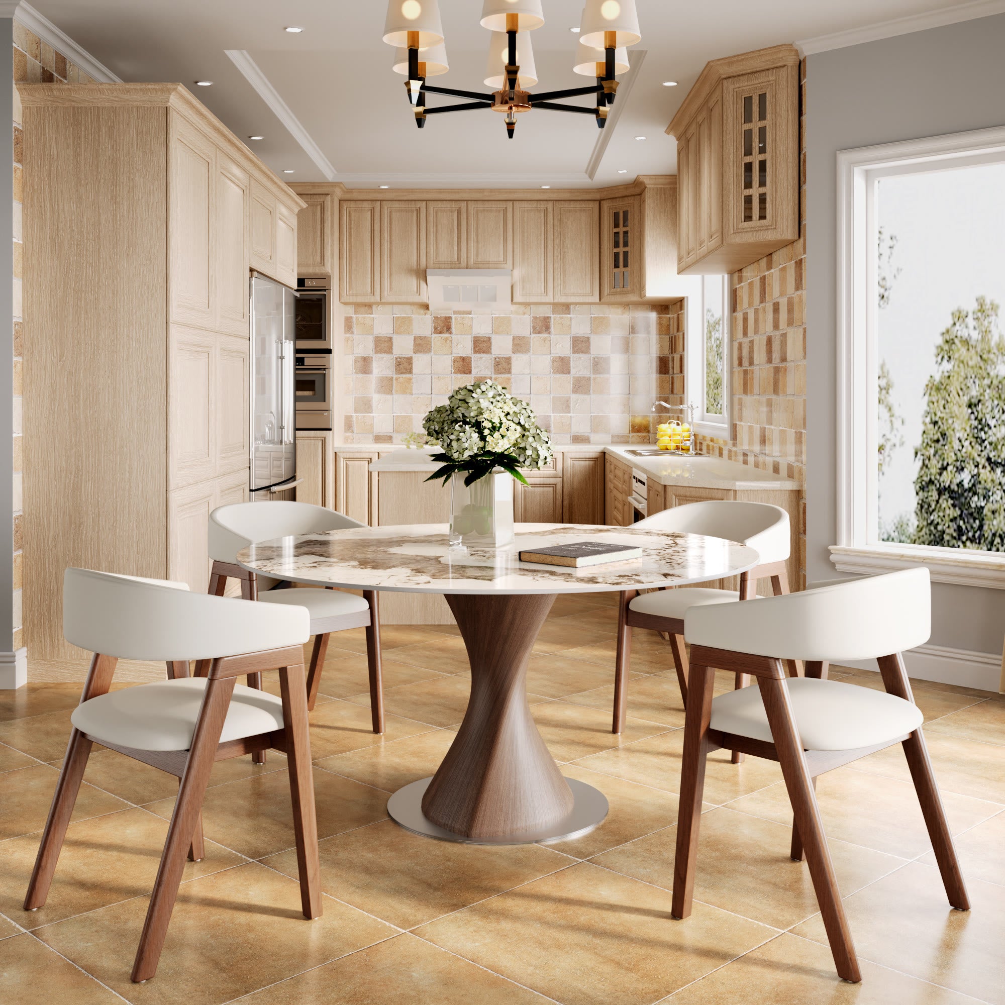 Verona Dark Walnut Solid Wood Pedestal Dining Table with Pandora Stone Top - image 3