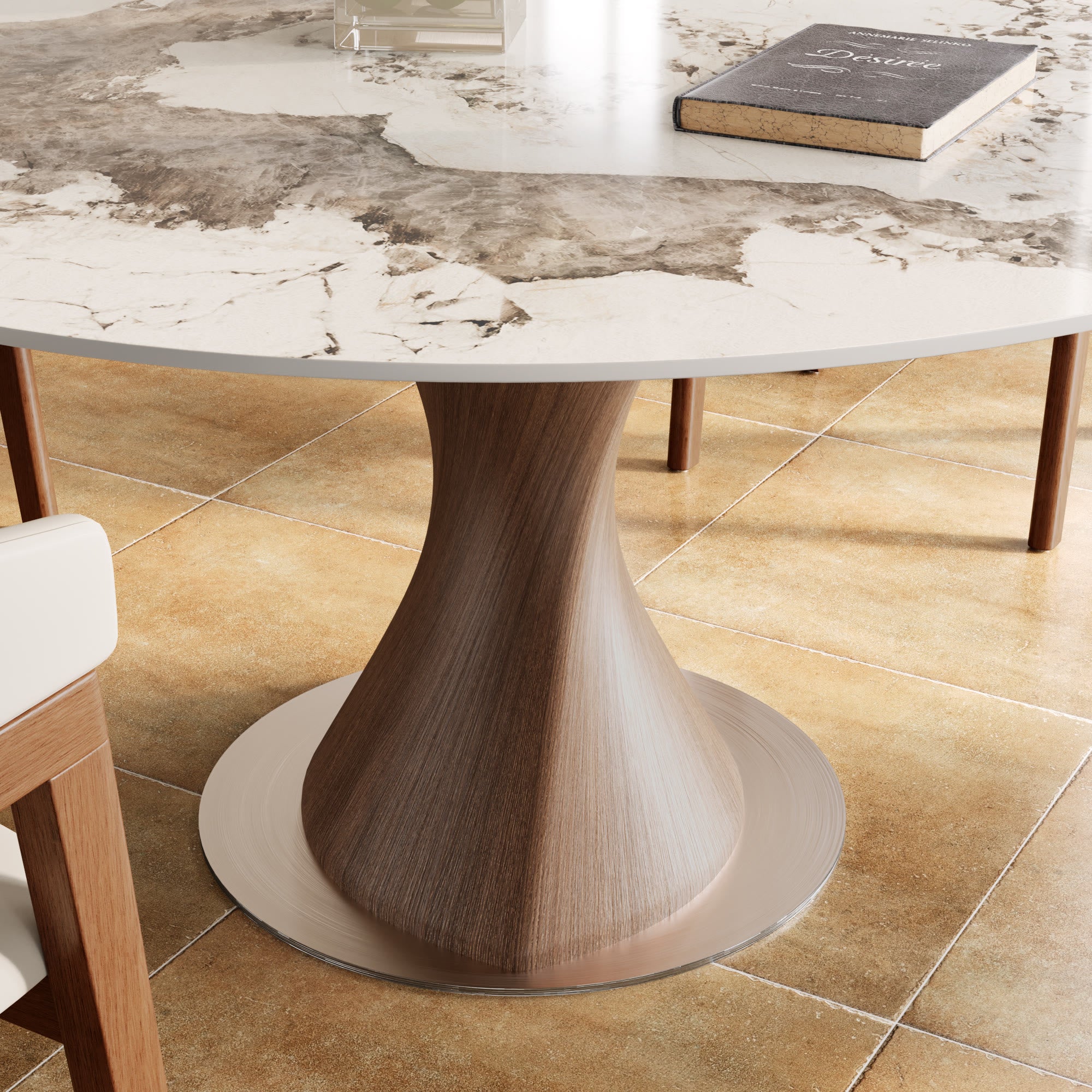 Verona Dark Walnut Solid Wood Pedestal Dining Table with Pandora Stone Top - image 2