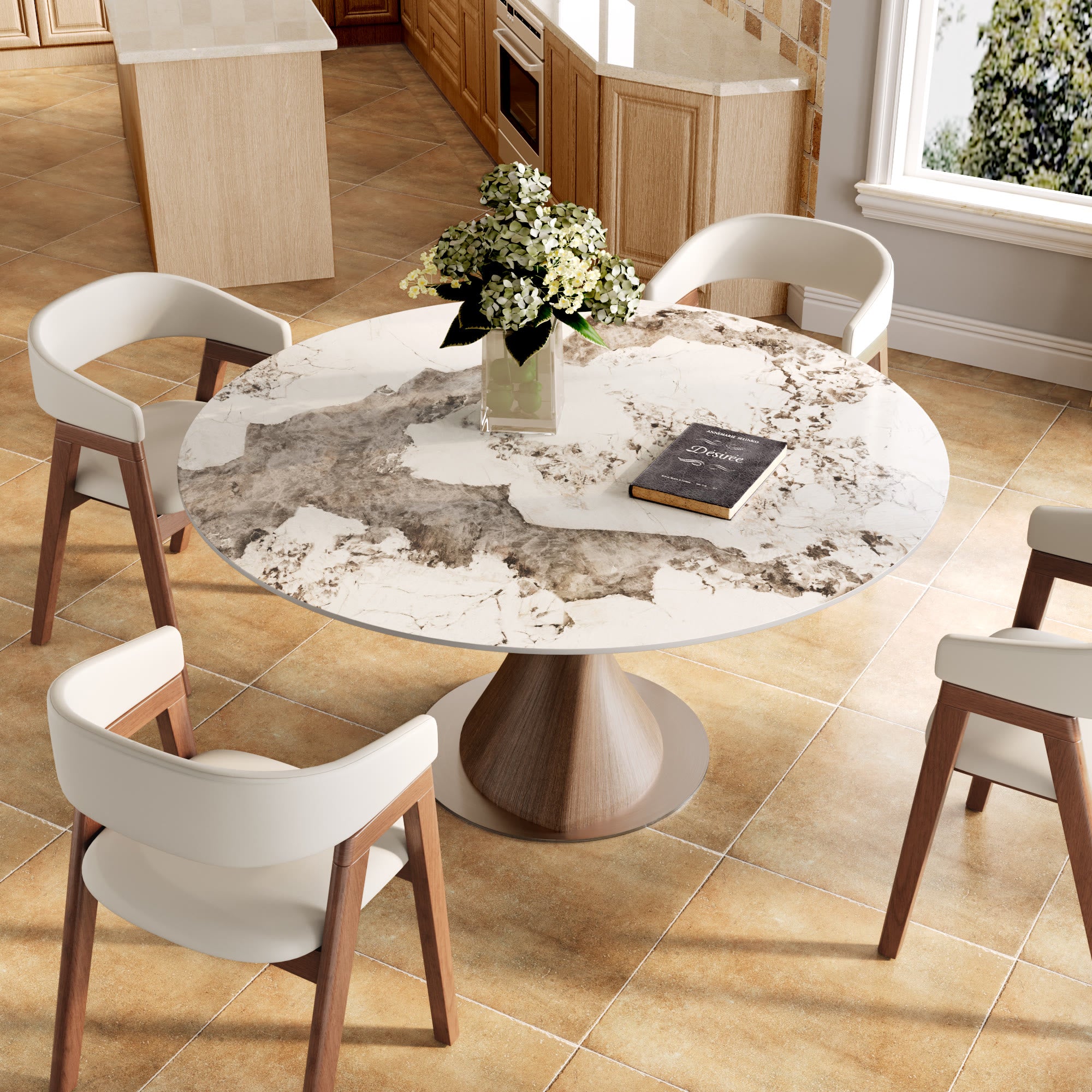 Verona Dark Walnut Solid Wood Pedestal Dining Table with Pandora Stone Top - image 4